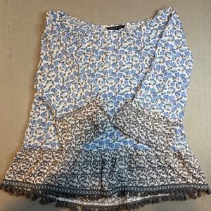 Zac & Rachel Blue Floral Off Shoulder Bell Sleeve Pom Pom boho Blouse Small